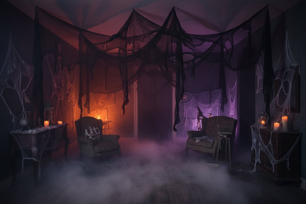 Halloween Spider Web Decoration with Black Mesh Creepy Cloth Netting - Image 2