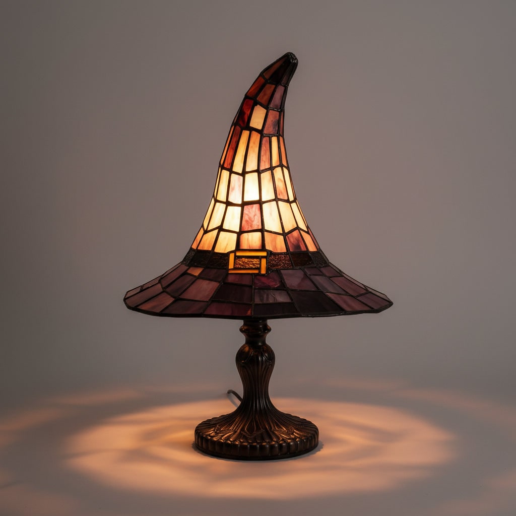 Halloween Stained Glass Witch Hat Table Lamp with Bronze Base and Leaded Panels - Image 1