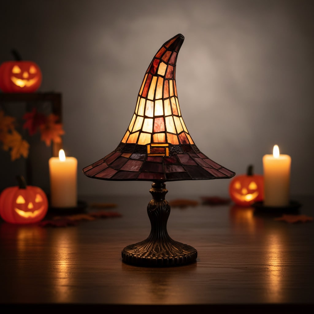 Halloween Stained Glass Witch Hat Table Lamp with Bronze Base and Leaded Panels - Image 2