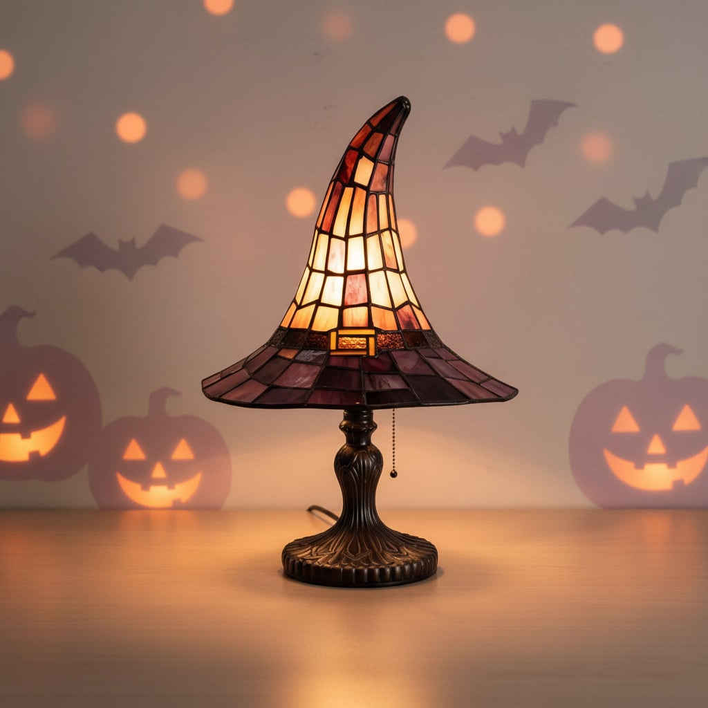 Halloween Stained Glass Witch Hat Table Lamp with Bronze Base and Leaded Panels - Image 3