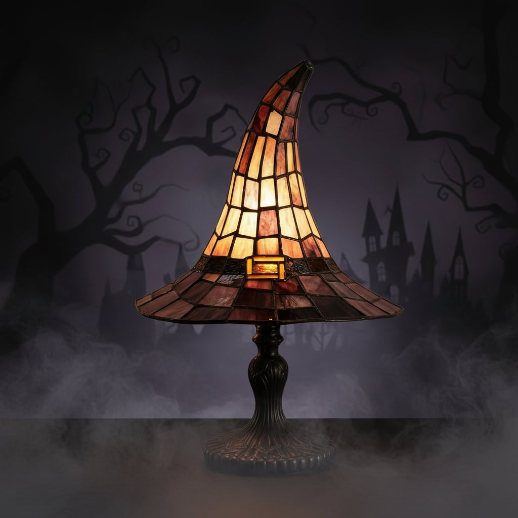 Halloween Stained Glass Witch Hat Table Lamp with Bronze Base and Leaded Panels - Image 4