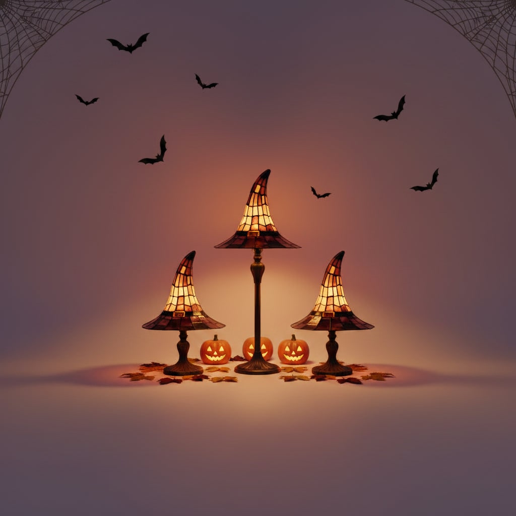 Halloween Stained Glass Witch Hat Table Lamp with Bronze Base and Leaded Panels - Image 5
