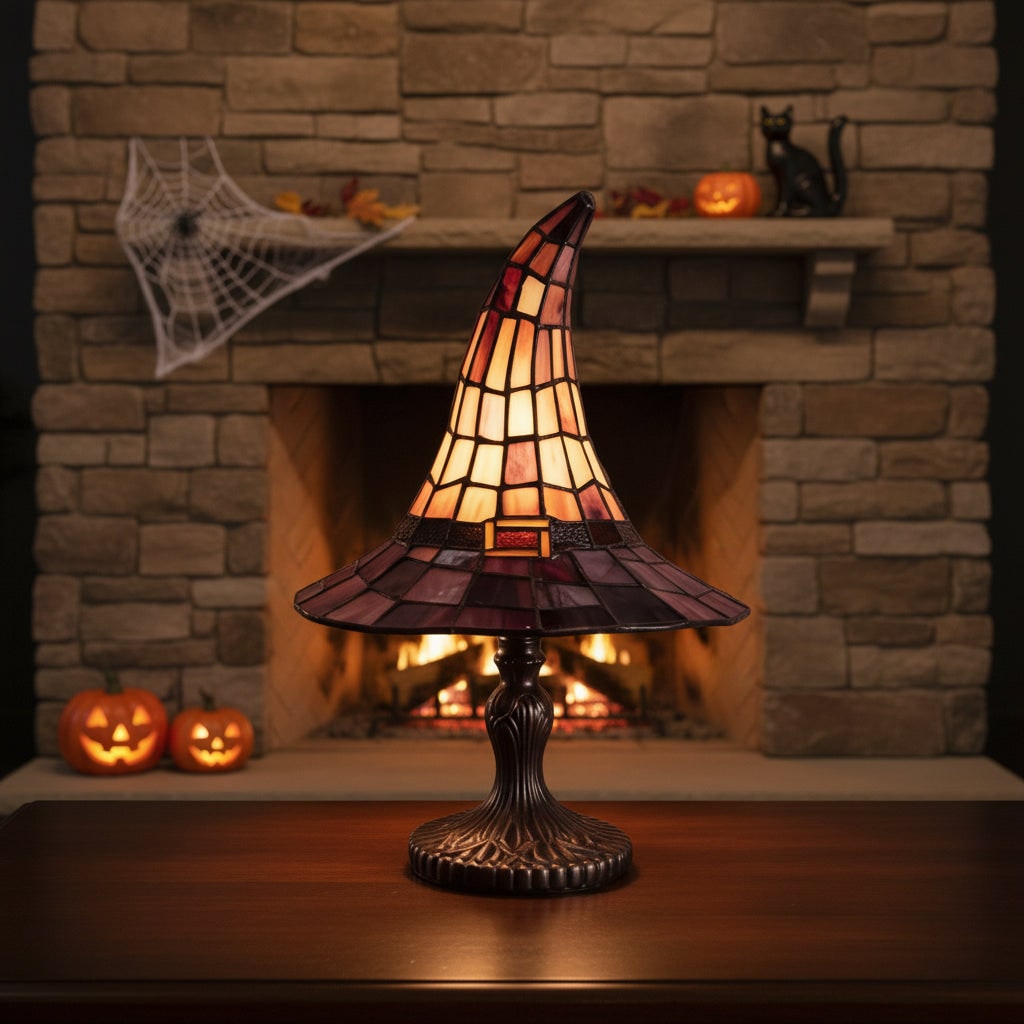 Halloween Stained Glass Witch Hat Table Lamp with Bronze Base and Leaded Panels - Image 6