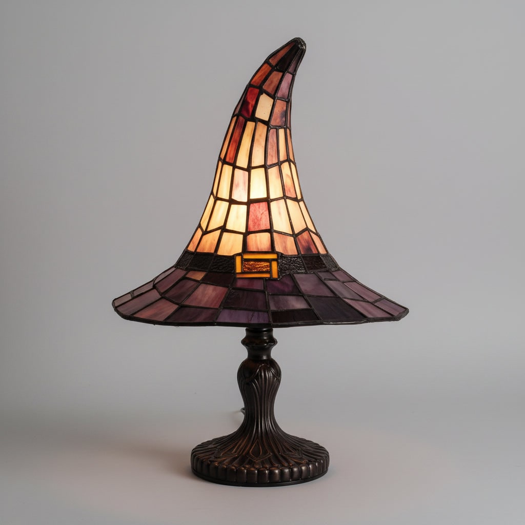 Halloween Stained Glass Witch Hat Table Lamp with Bronze Metal Base and Ornate Design Bed Side - Image 1