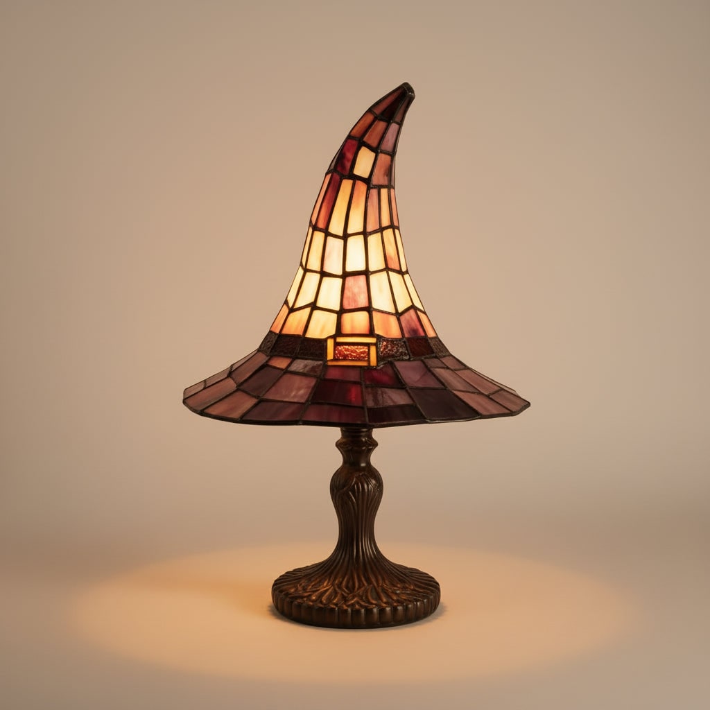 Halloween Stained Glass Witch Hat Table Lamp with Bronze Metal Base and Ornate Design Bed Side - Image 2