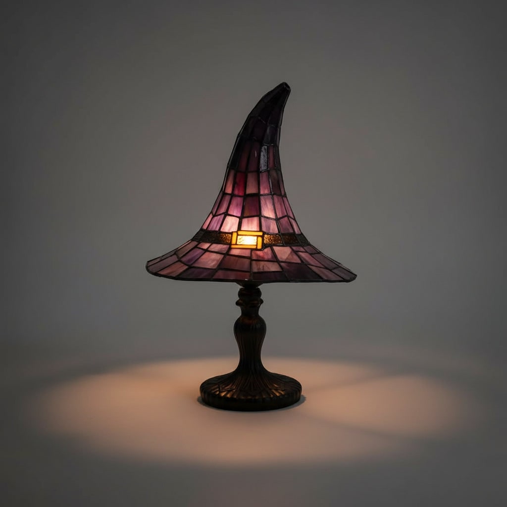 Halloween Stained Glass Witch Hat Table Lamp with Bronze Metal Base and Ornate Design Bed Side - Image 3