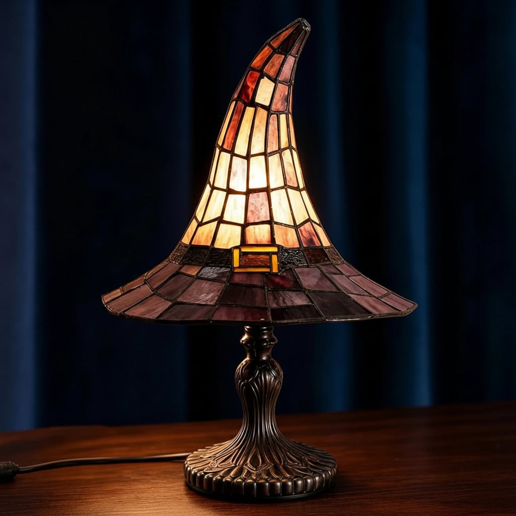 Halloween Stained Glass Witch Hat Table Lamp with Bronze Metal Base and Ornate Design Bed Side - Image 4