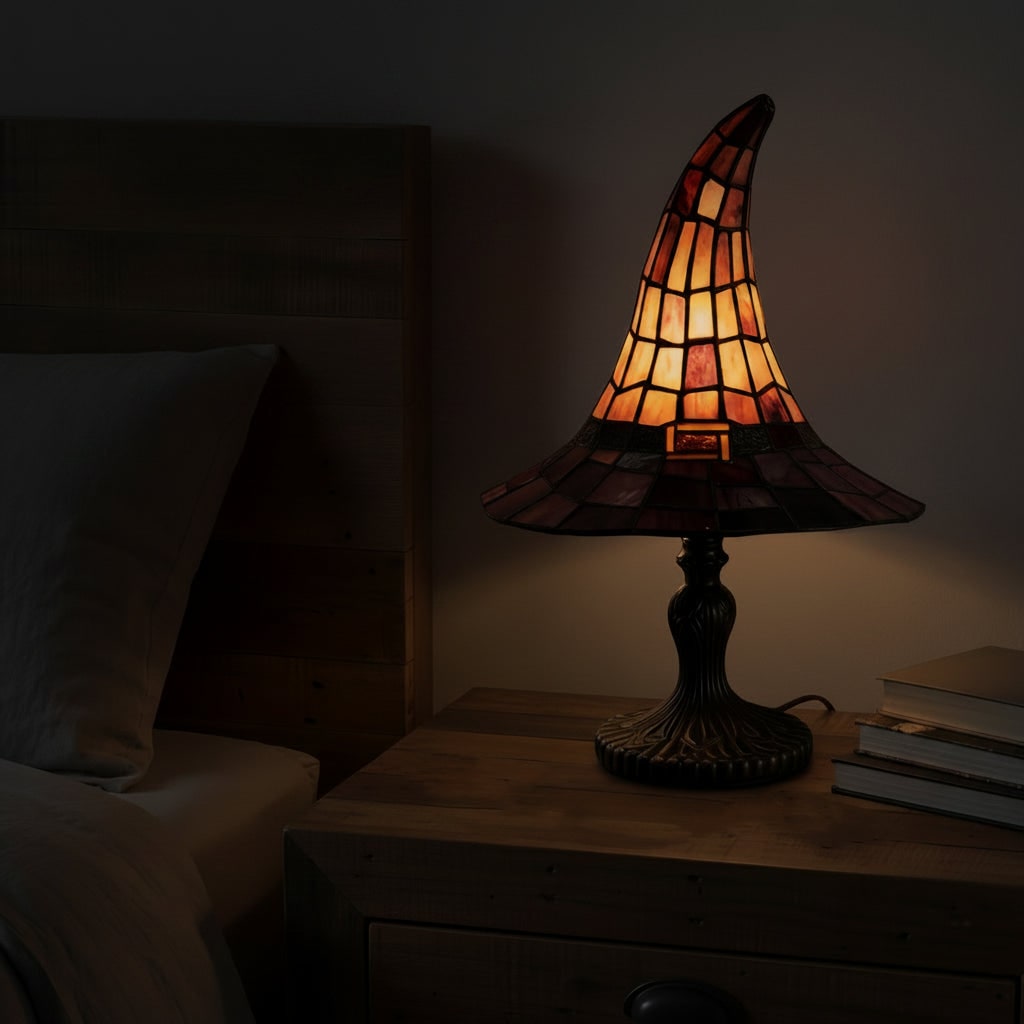 Halloween Stained Glass Witch Hat Table Lamp with Bronze Metal Base and Ornate Design Bed Side - Image 5