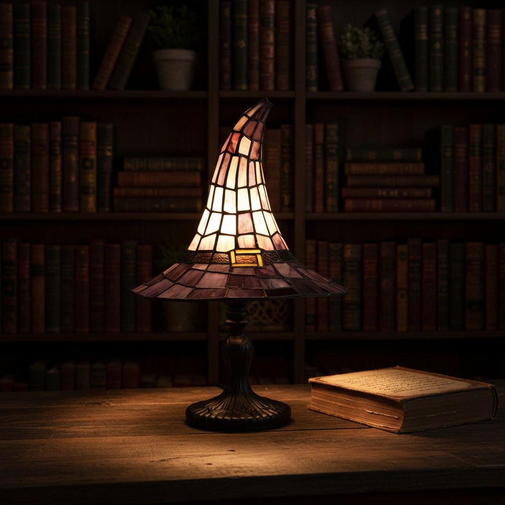 Halloween Stained Glass Witch Hat Table Lamp with Bronze Metal Base and Ornate Design Bed Side - Image 6
