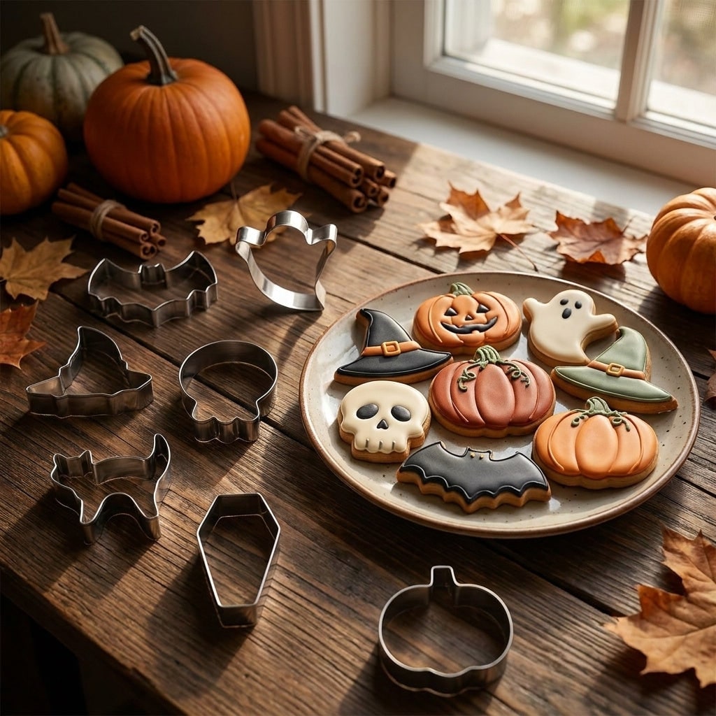 Halloween Stainless Steel Cookie Cutters Set with 7 Shapes Including Bat Ghost Pumpkin and Skull - Image 1