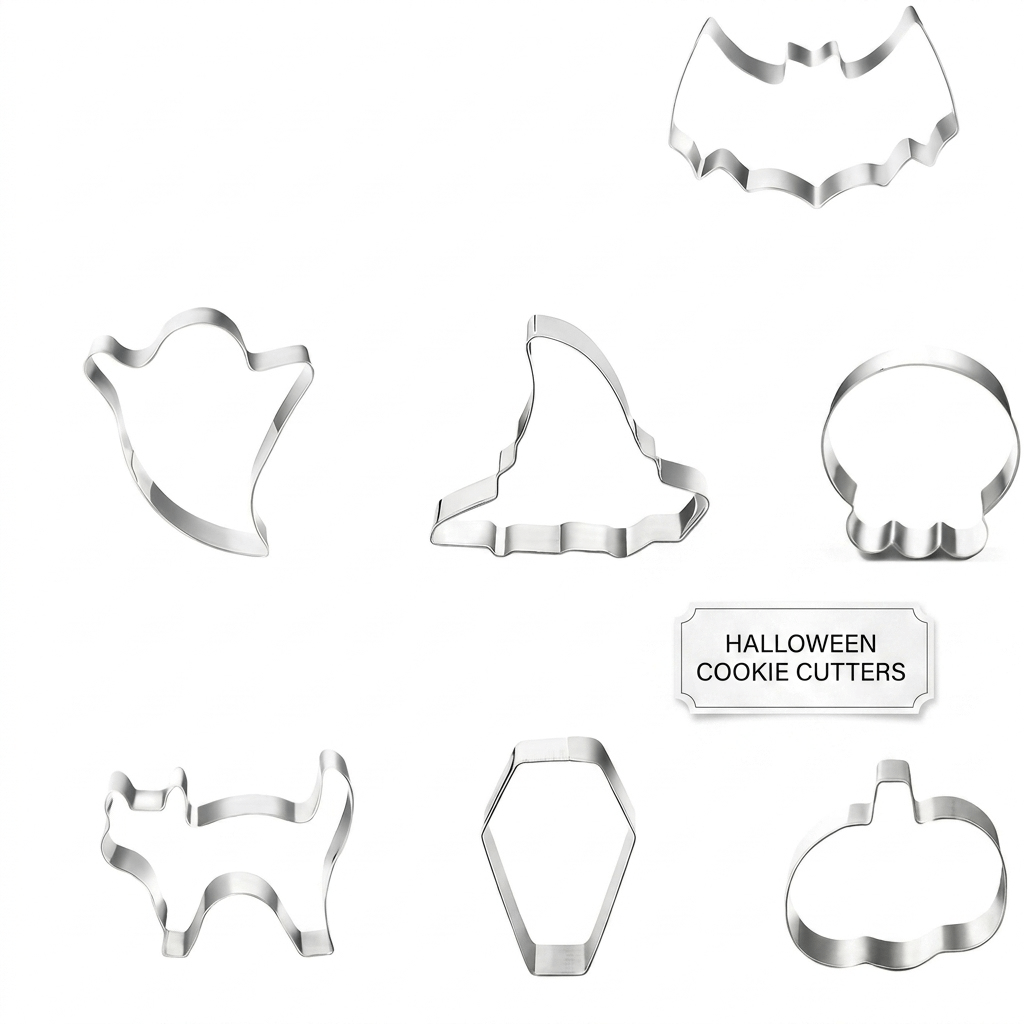 Halloween Stainless Steel Cookie Cutters Set with 7 Shapes Including Bat Ghost Pumpkin and Skull - Image 2