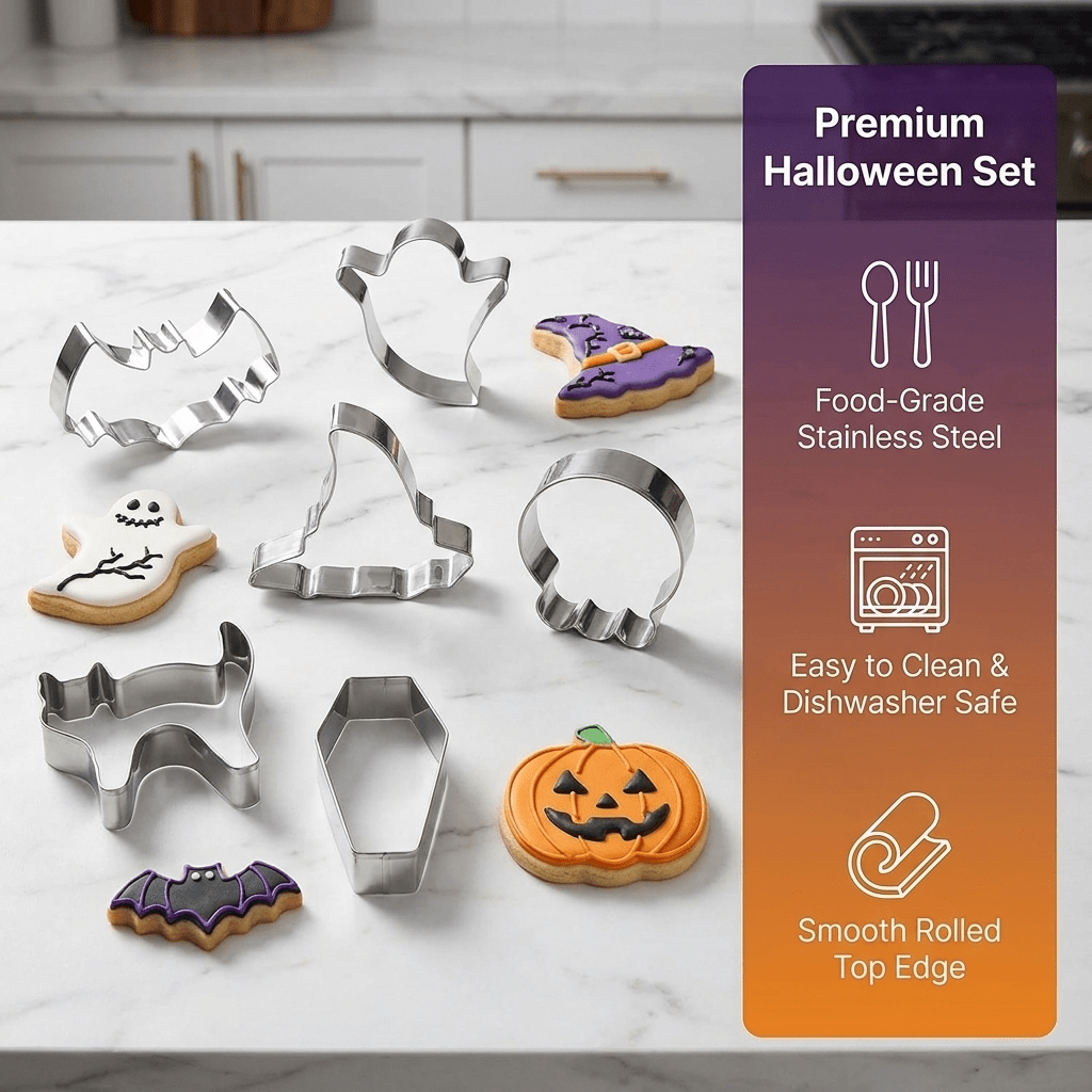 Halloween Stainless Steel Cookie Cutters Set with 7 Shapes Including Bat Ghost Pumpkin and Skull - Image 4