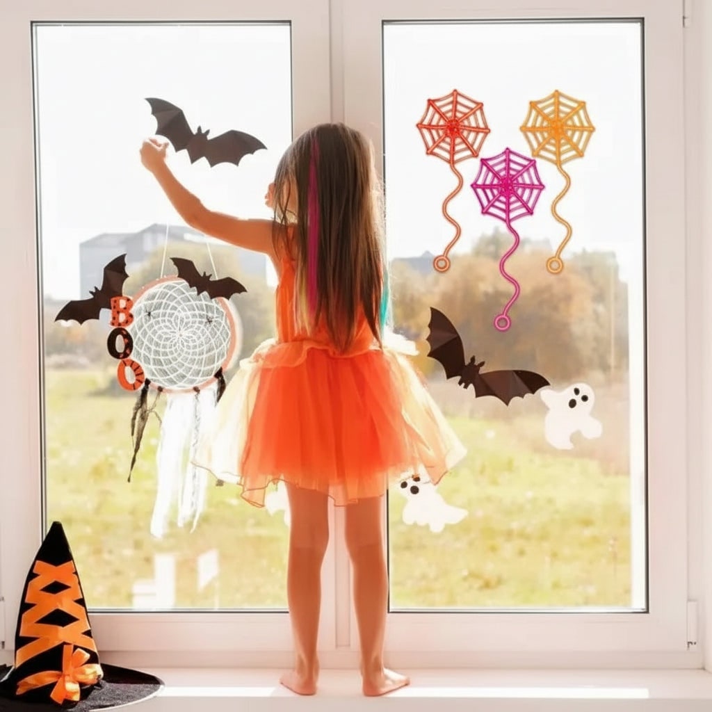 Halloween Sticky Toys Stretchy Spiderweb Party Decorations with Neon Colors - Image 1