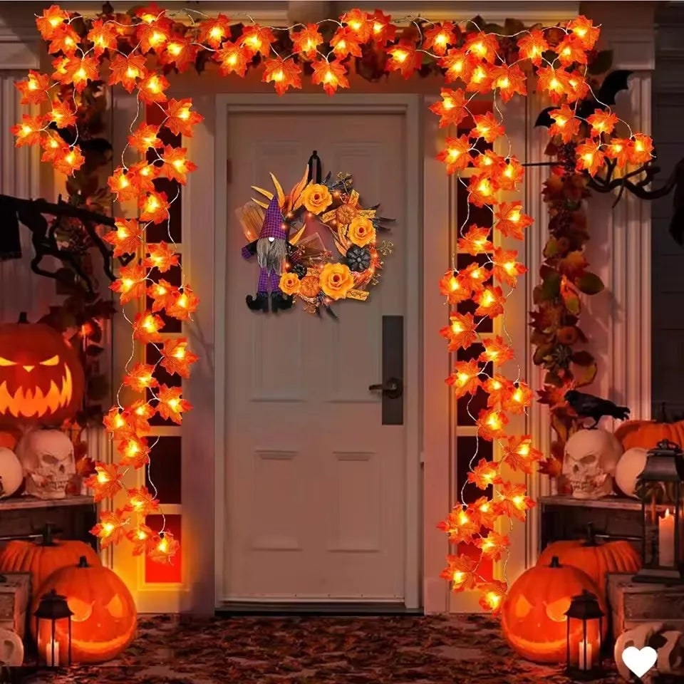 Halloween String Lights with Maple Leaf Garland LED Warm Amber Glow for Yard and Fall Decoration - Image 1
