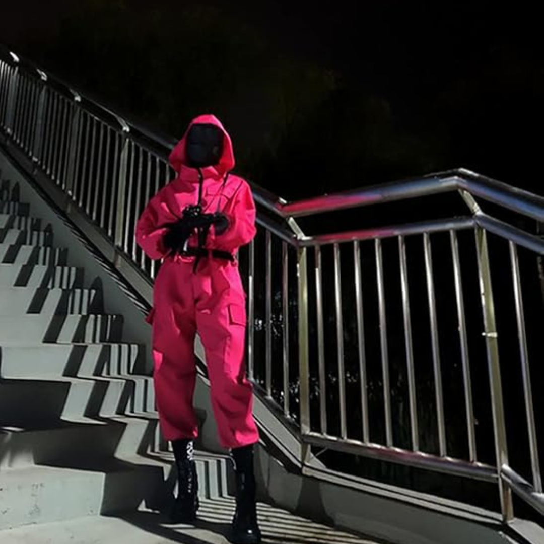 Halloween survival game Costume Hooded Jumpsuit with Full Face Mask and Belt - Image 1