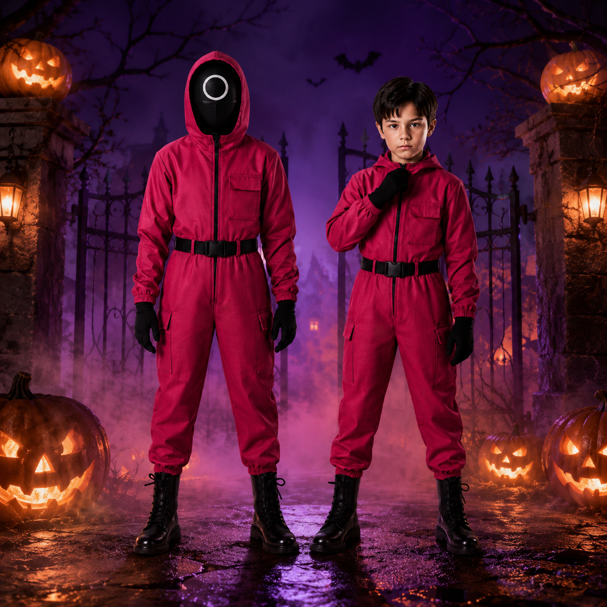 Halloween survival game Costume Red Hooded Jumpsuit with Mask and Toy Pistol - Image 1
