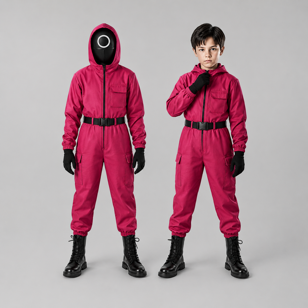 Halloween survival game Costume Red Hooded Jumpsuit with Mask and Toy Pistol - Image 2