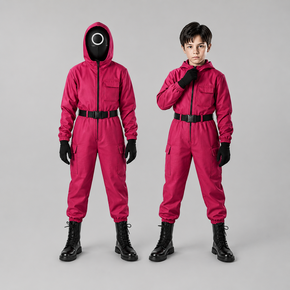 Halloween survival game Costume Red Hooded Jumpsuit with Mask and Toy Pistol - Image 2