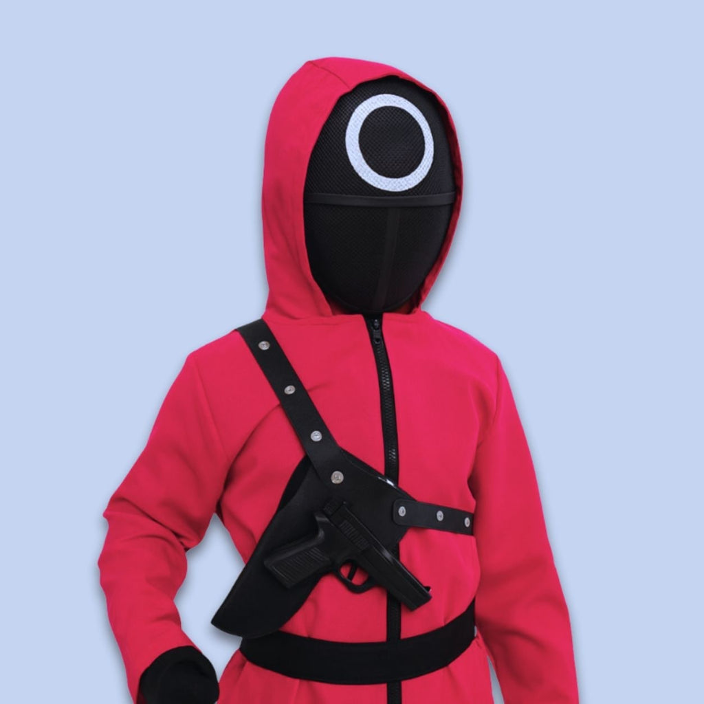 Halloween survival game Costume Red Hooded Jumpsuit with Mask and Toy Pistol - Image 3
