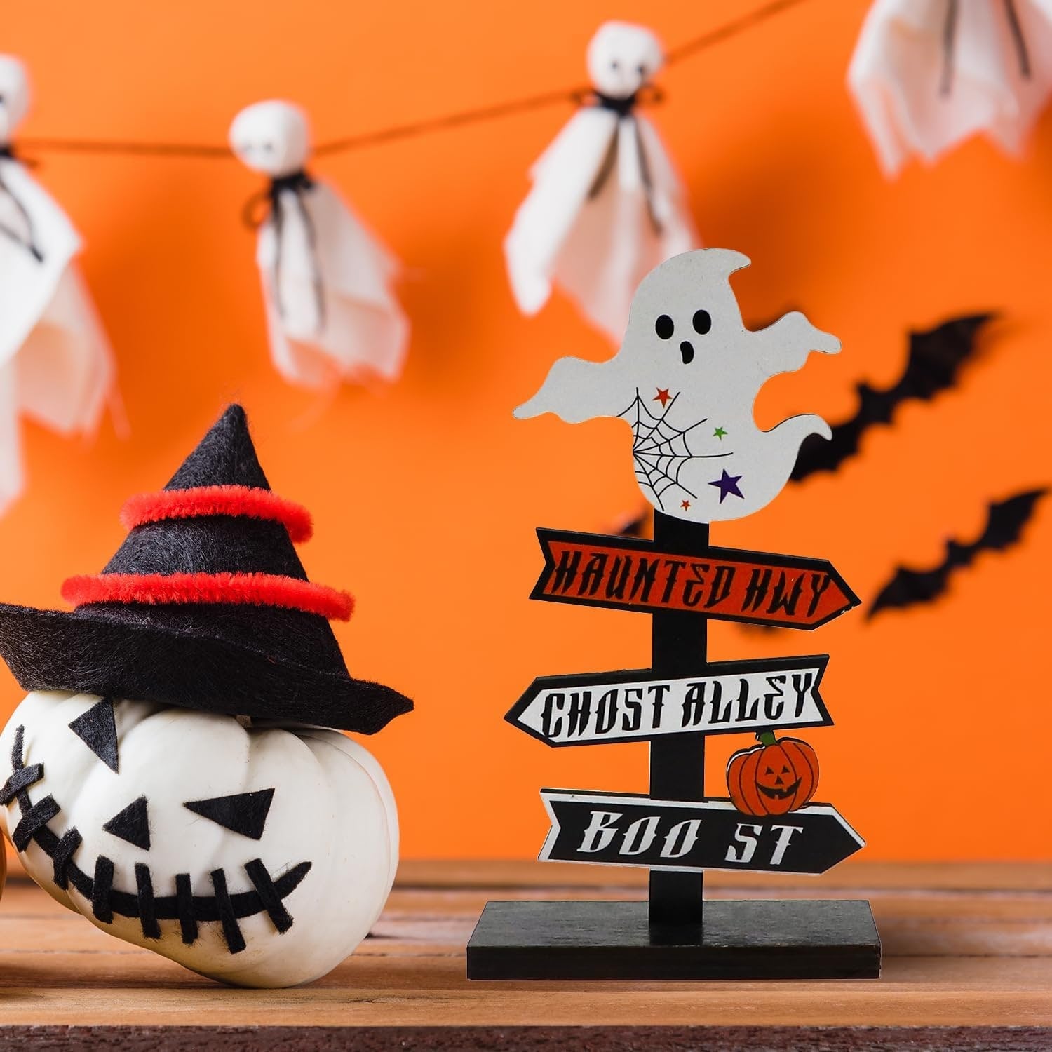 Halloween Table Decor Dining Room Wooden Directional Sign with and Toppers Tabletop Decoration - Image 2
