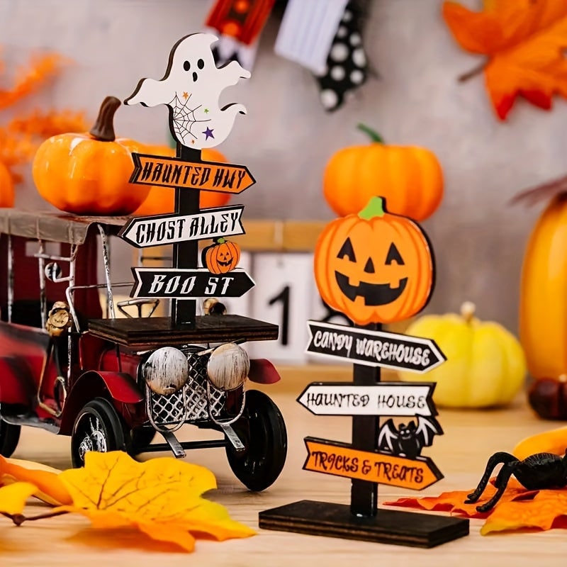 Halloween Table Decor Dining Room Wooden Directional Sign with and Toppers Tabletop Decoration - Image 6
