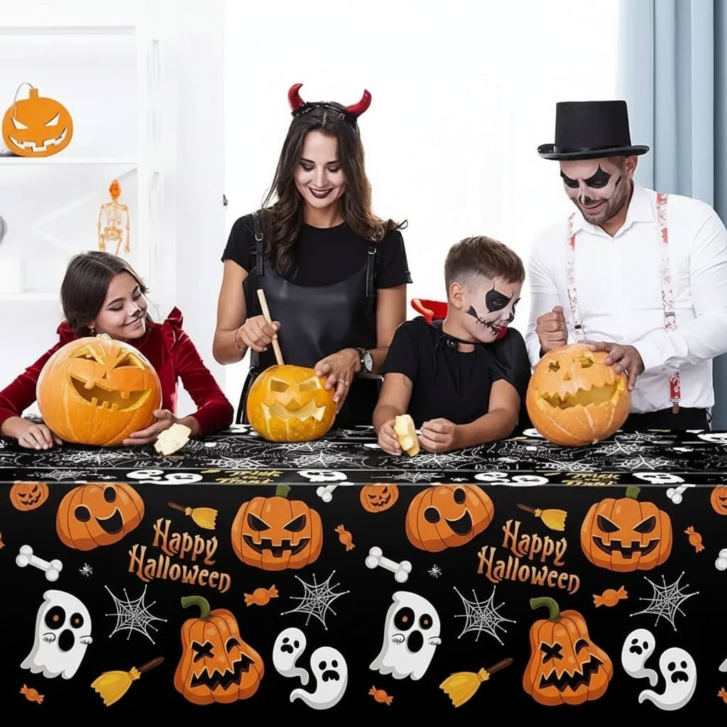 Halloween Tablecloth with Spiderweb Ghost and Jack-O-Lantern Cartoon Print Plastic Table Cover - Image 2
