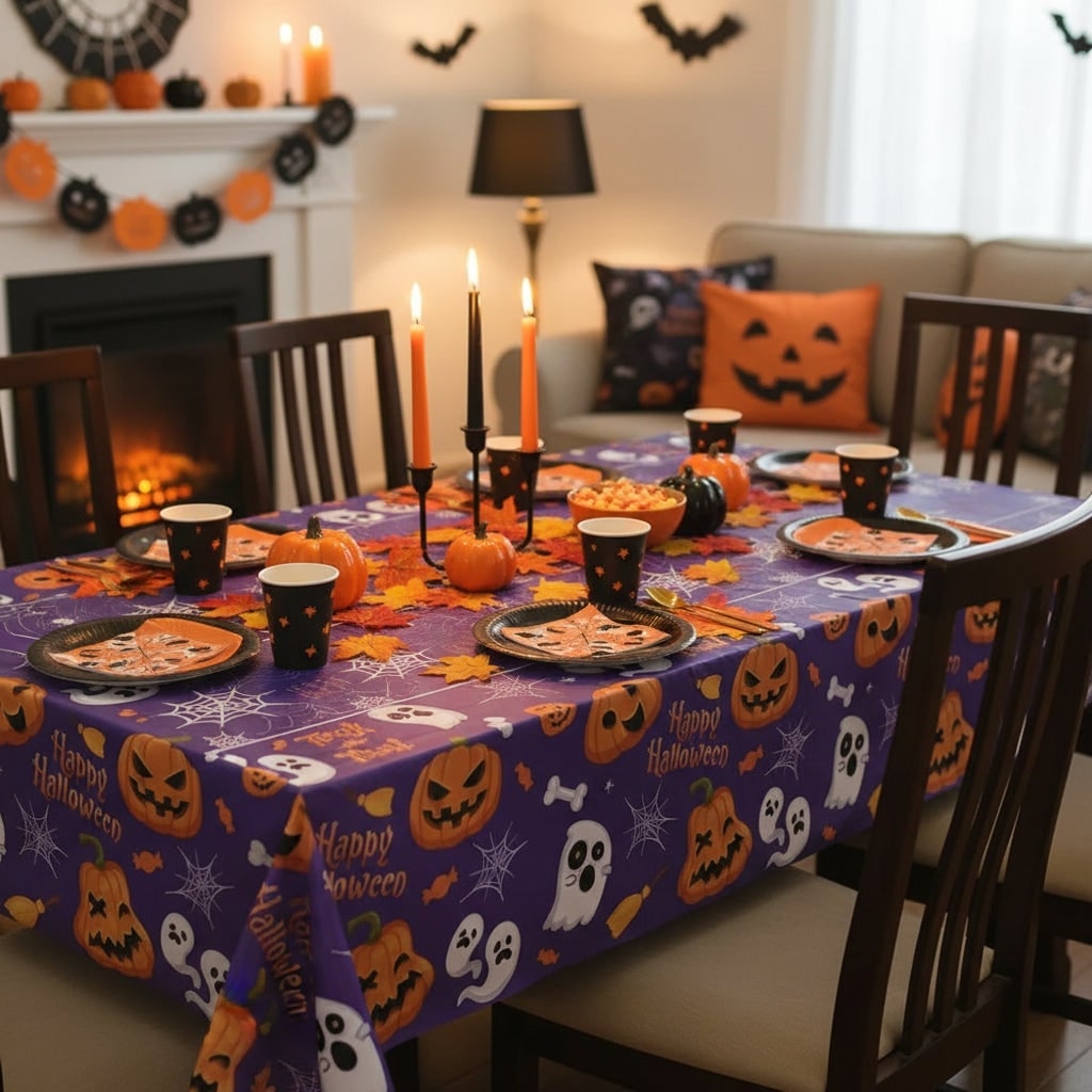 Halloween Tablecloth with Spiderweb Ghost and Jack-O-Lantern Cartoon Print Plastic Table Cover - Image 3