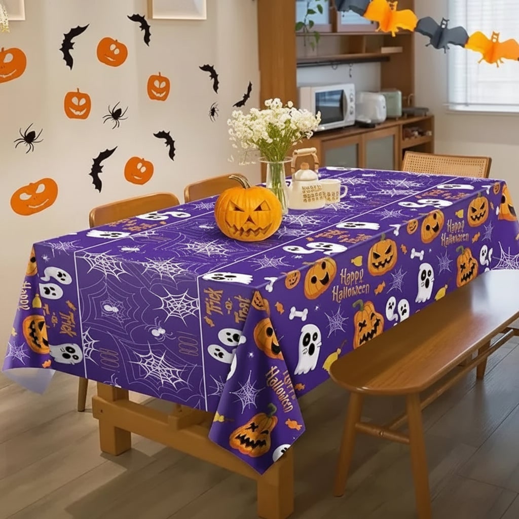 Halloween Tablecloth with Spiderweb Ghost and Jack-O-Lantern Cartoon Print Plastic Table Cover - Image 4