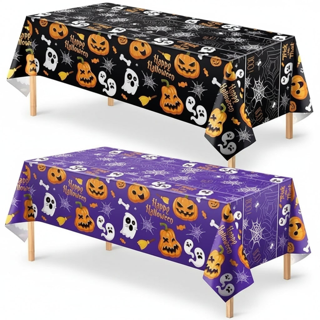 Halloween Tablecloth with Spiderweb Ghost and Jack-O-Lantern Cartoon Print Plastic Table Cover - Image 5