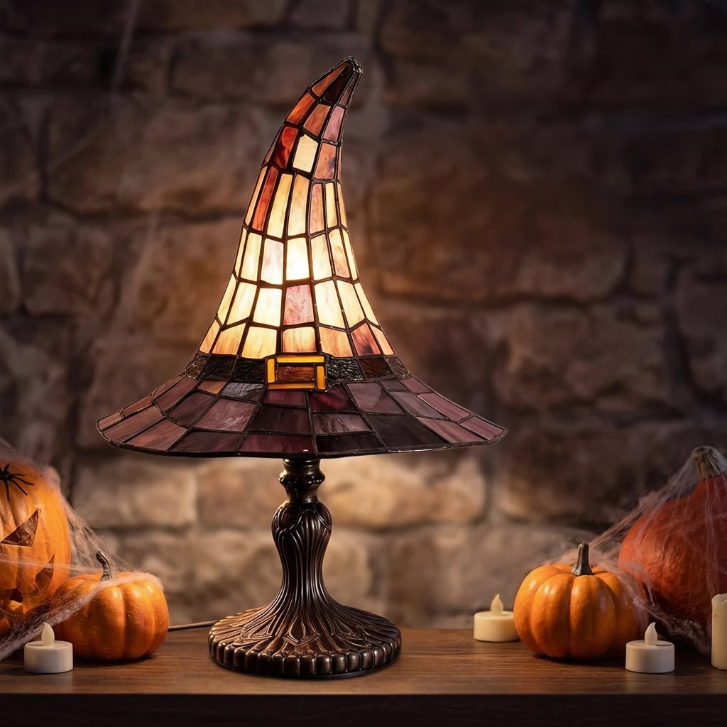 Halloween Tiffany Stained Glass Witch Hat Lamp with Antique Lampshade for Table Decoration - Image 2