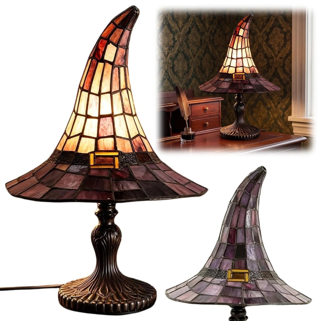 Halloween Tiffany Stained Glass Witch Hat Lamp with Antique Lampshade for Table Decoration - Image 3