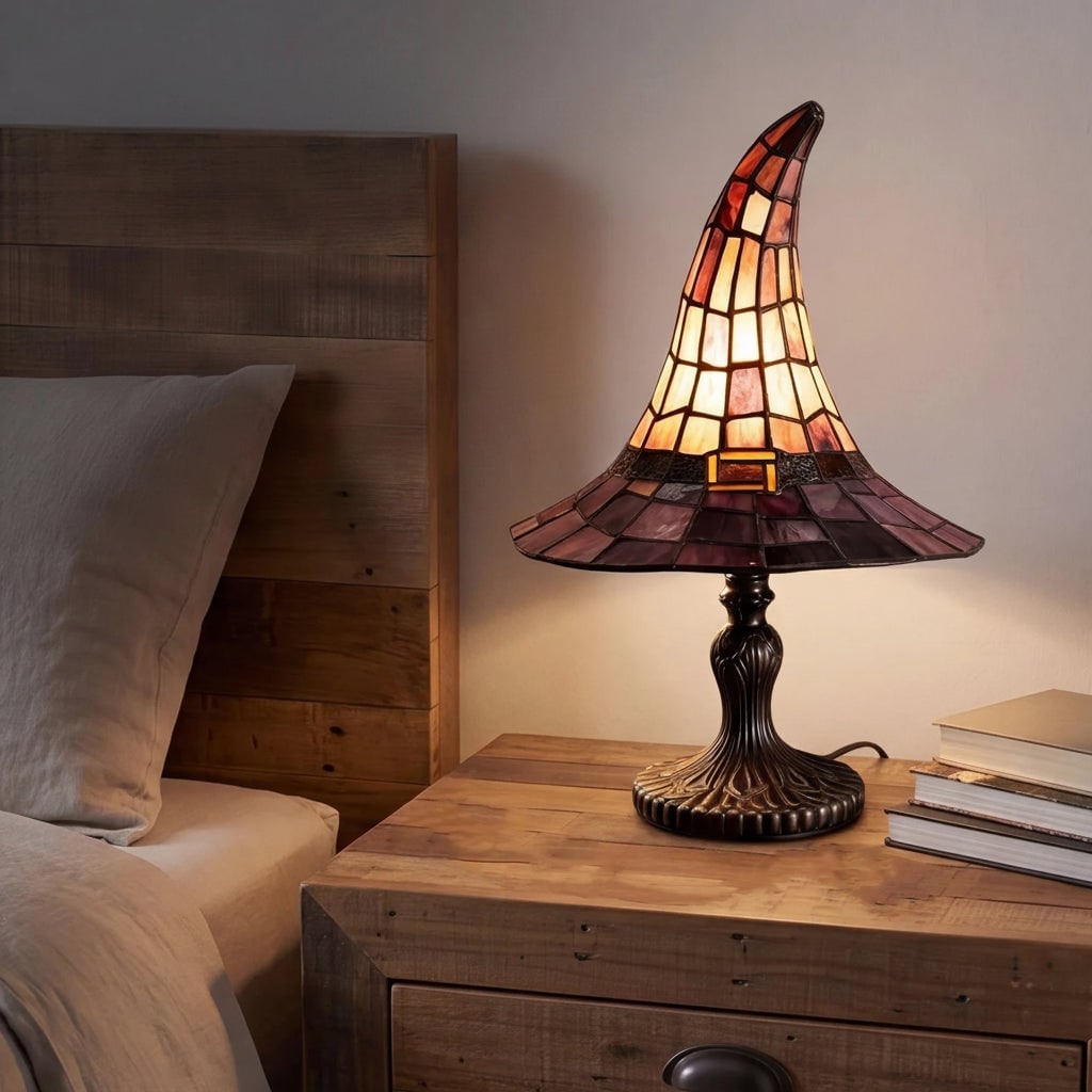 Halloween Tiffany Stained Glass Witch Hat Lamp with Antique Lampshade for Table Decoration - Image 4