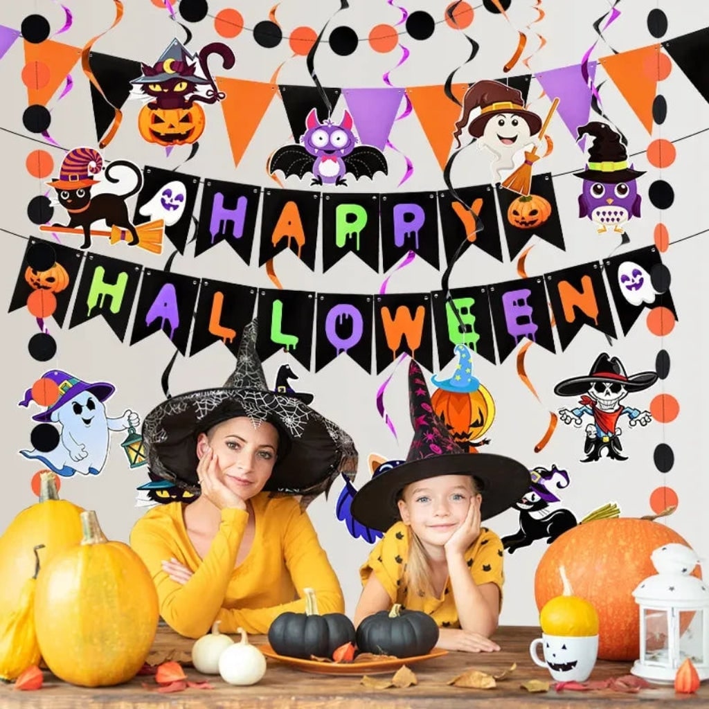 Halloween Wall Decoration Banner Set with Hanging Swirls Paper Garland and Pennant Bunting for Party - Image 1