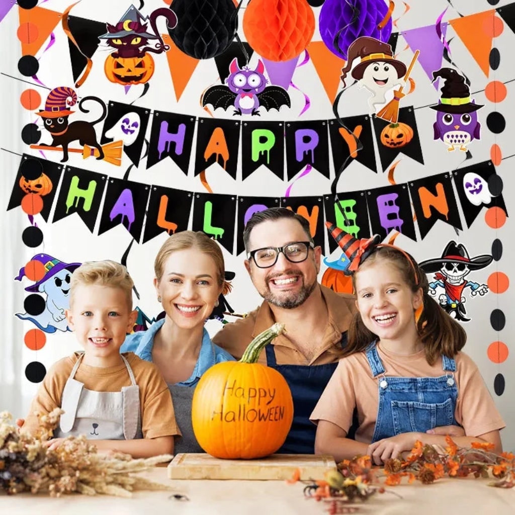 Halloween Wall Decoration Banner Set with Hanging Swirls Paper Garland and Pennant Bunting for Party - Image 2