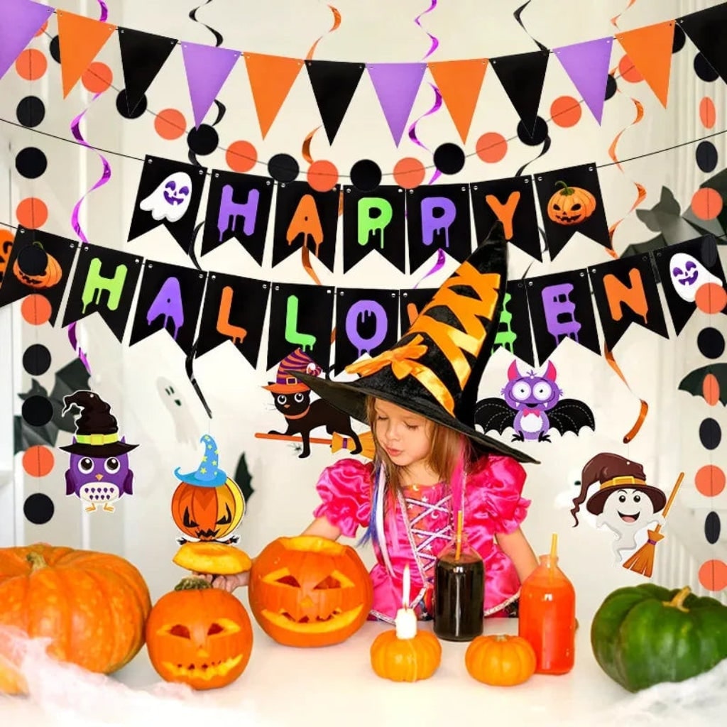 Halloween Wall Decoration Banner Set with Hanging Swirls Paper Garland and Pennant Bunting for Party - Image 4