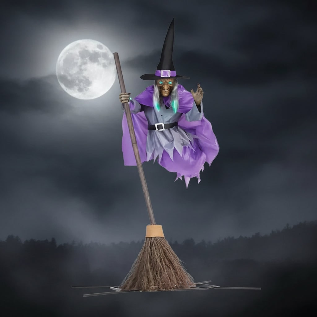 Halloween Witch Decor Outdoor Prop with Flying Design LED Eyes and Broomstick for Yard Decoration - Image 1