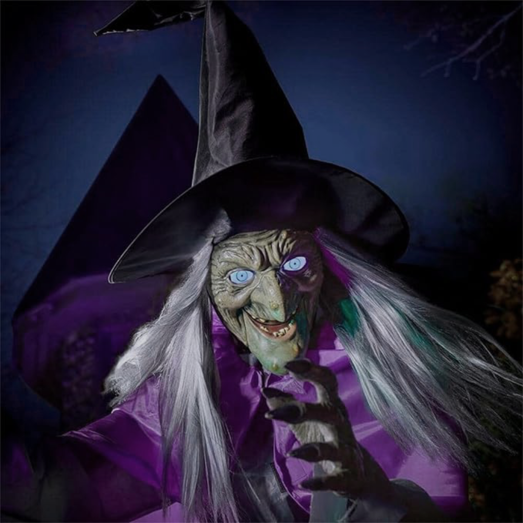 Halloween Witch Decor Outdoor Prop with Flying Design LED Eyes and Broomstick for Yard Decoration - Image 2