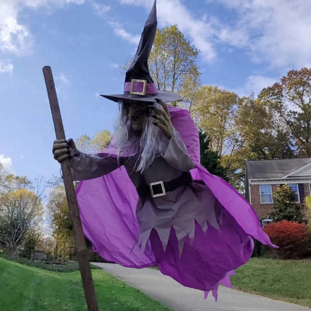 Halloween Witch Decor Outdoor Prop with Flying Design LED Eyes and Broomstick for Yard Decoration - Image 4