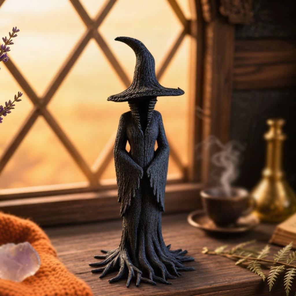 Halloween Witch Decoration Figurine with Pointed Hat and Draped Robe Tree Root Base - Image 2
