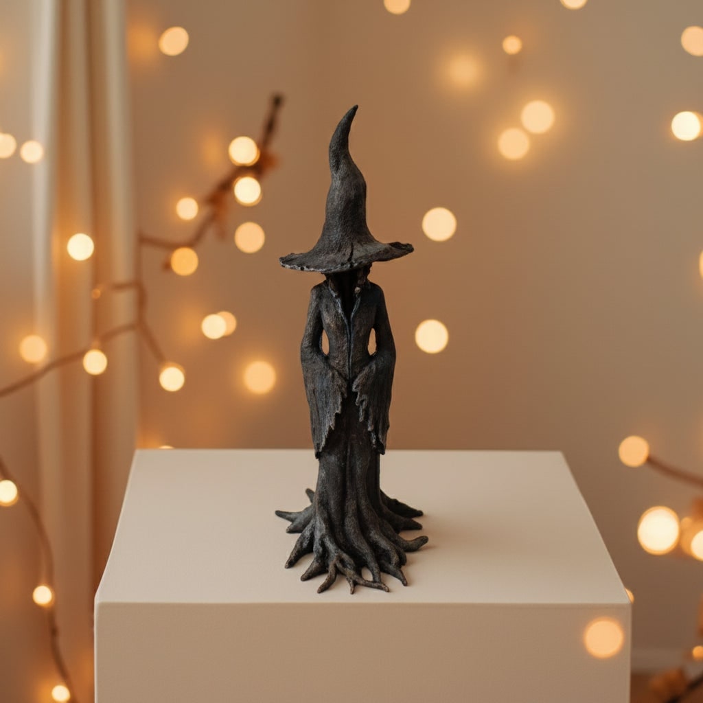 Halloween Witch Decoration Figurine with Pointed Hat and Draped Robe Tree Root Base - Image 4