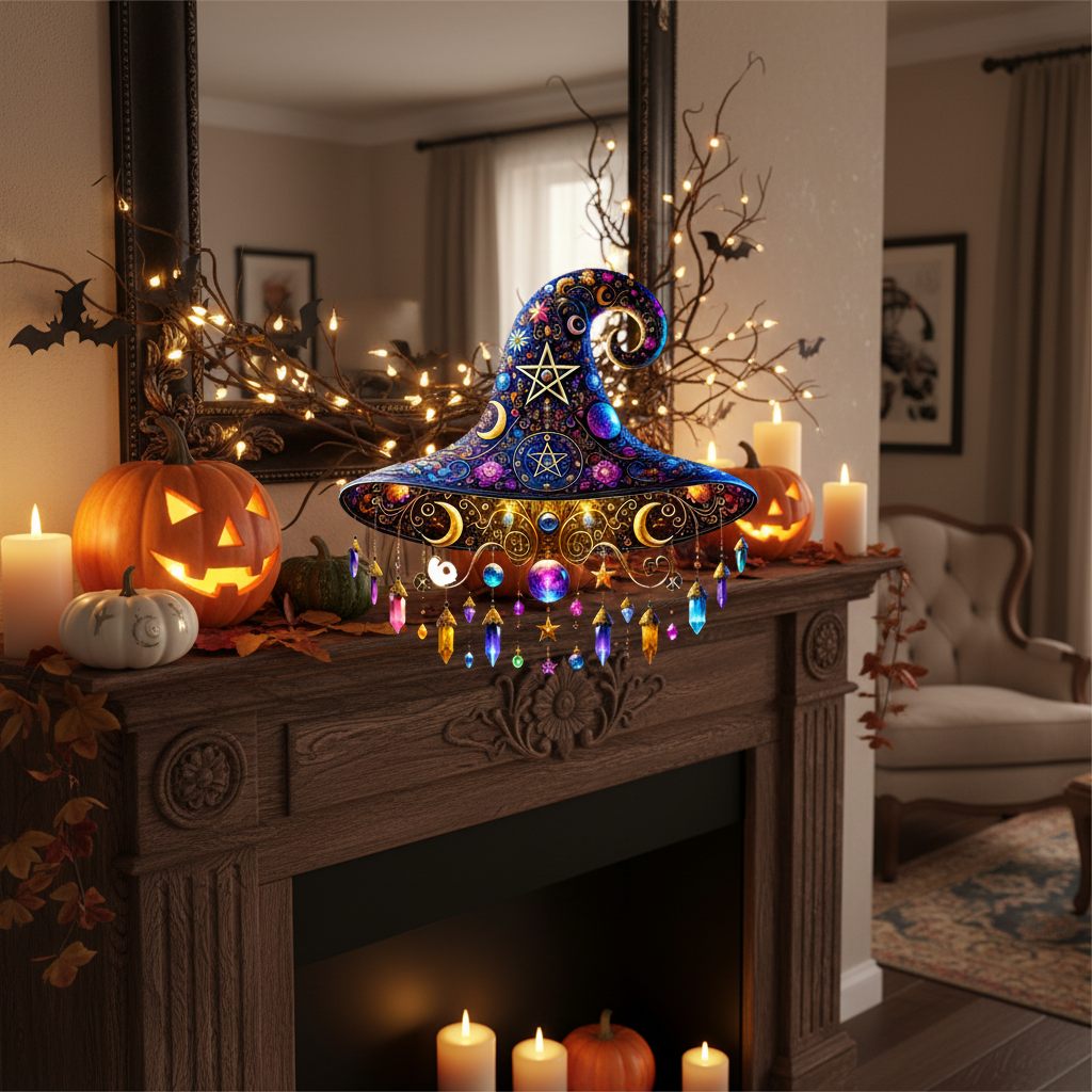Halloween Witch Hat Suncatcher Stained Glass Decoration with Celestial Moon and Crystal Prisms - Image 4