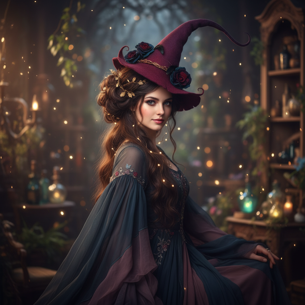 Halloween Witch Hat with Spiderweb Embroidery Floral and Mushroom Decorations - Image 2