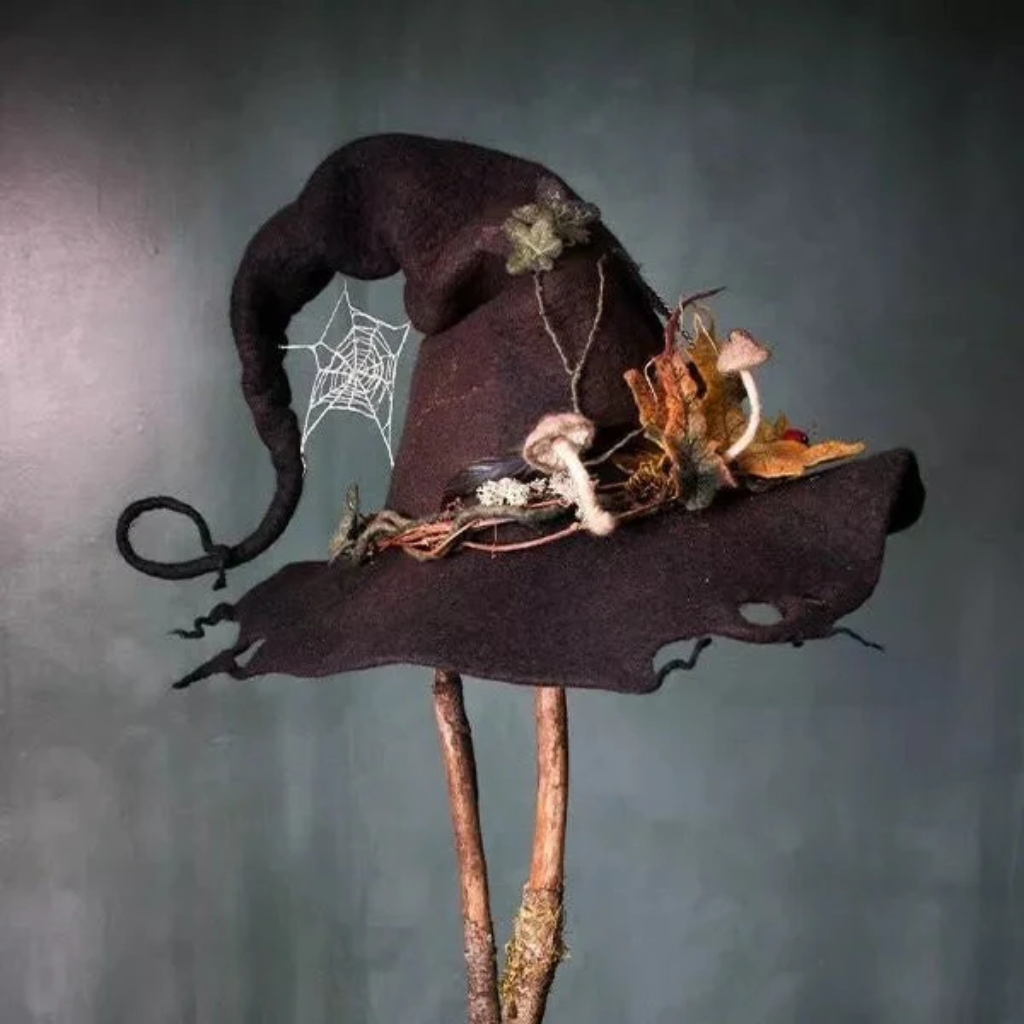 Halloween Witch Hat with Spiderweb Embroidery Floral and Mushroom Decorations - Image 4
