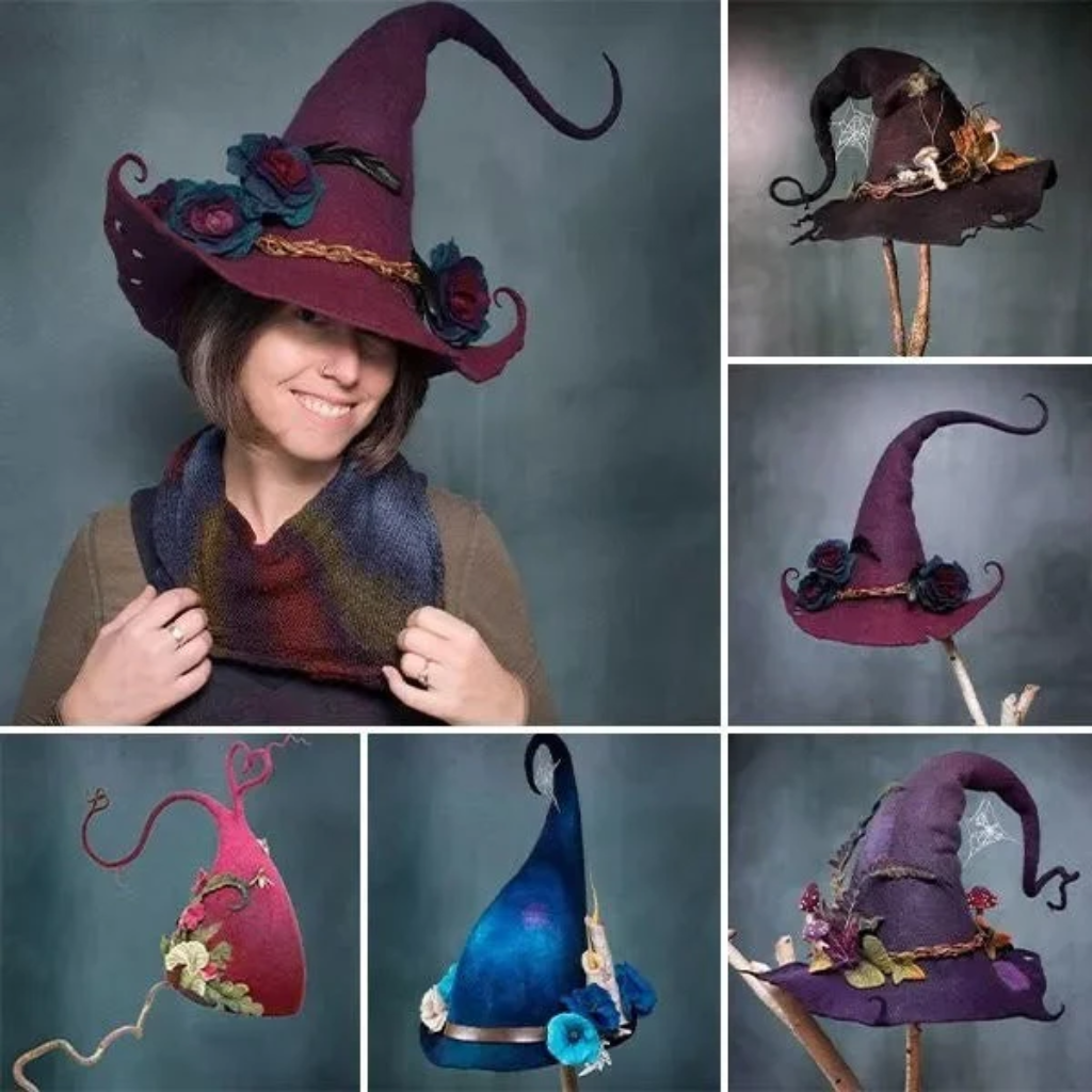 Halloween Witch Hat with Spiderweb Embroidery Floral and Mushroom Decorations - Image 5