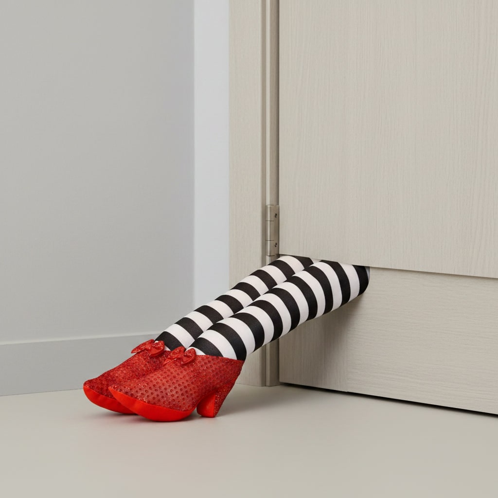 Halloween Witch Legs Door Stopper and Draft Blocker with Red Sequined Shoes and Striped Stockings - Image 1
