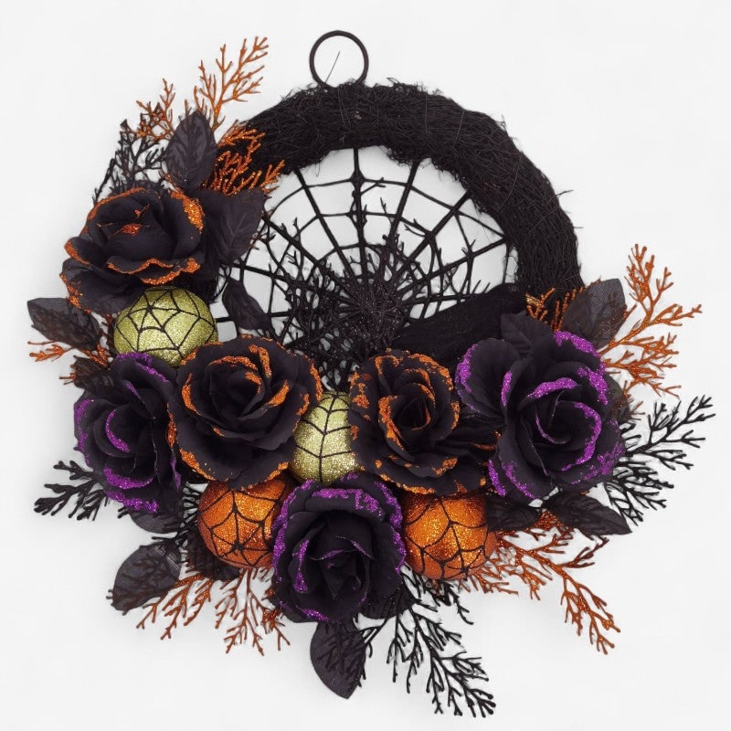 Halloween Wreath Door Decoration with Spiderweb and Black Roses Glitter Baubles - Image 1