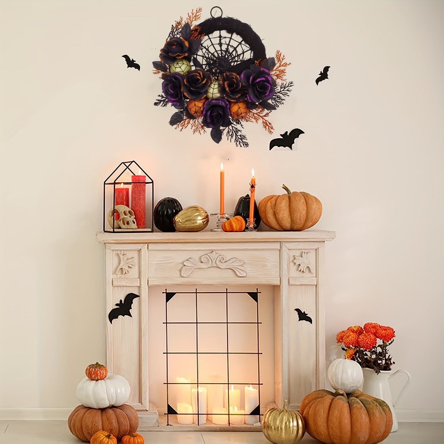 Halloween Wreath Door Decoration with Spiderweb and Black Roses Glitter Baubles - Image 2
