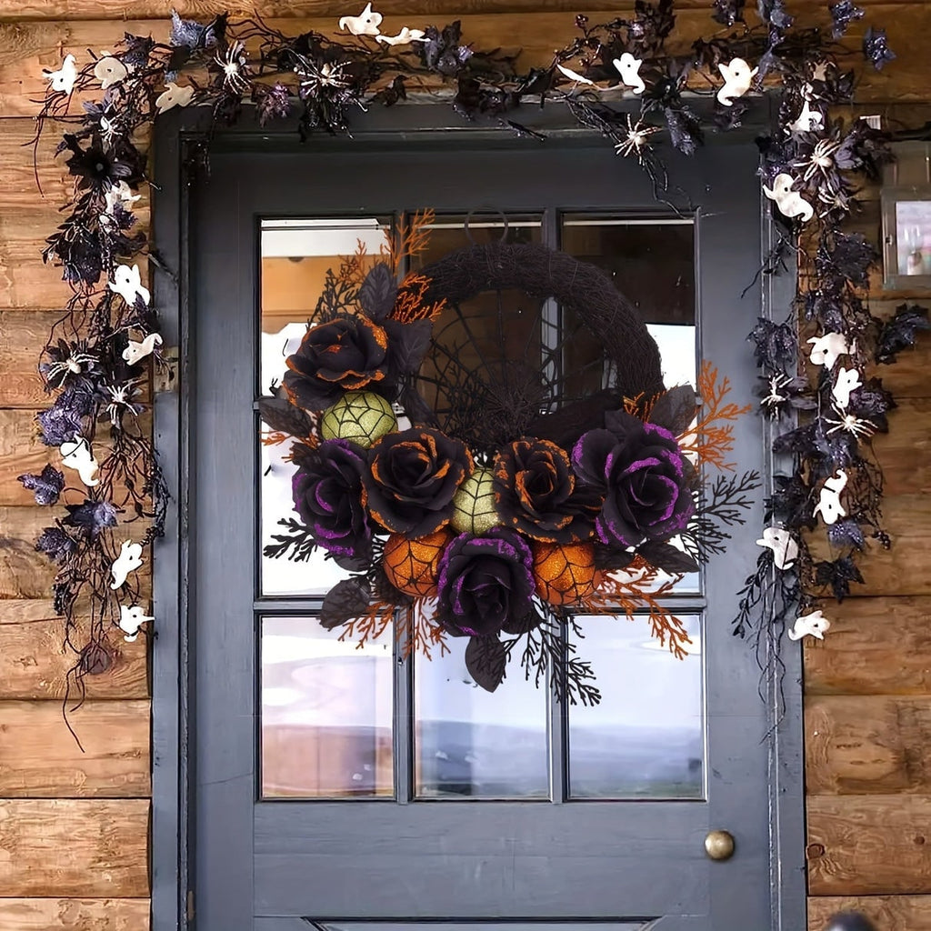 Halloween Wreath Door Decoration with Spiderweb and Black Roses Glitter Baubles - Image 3