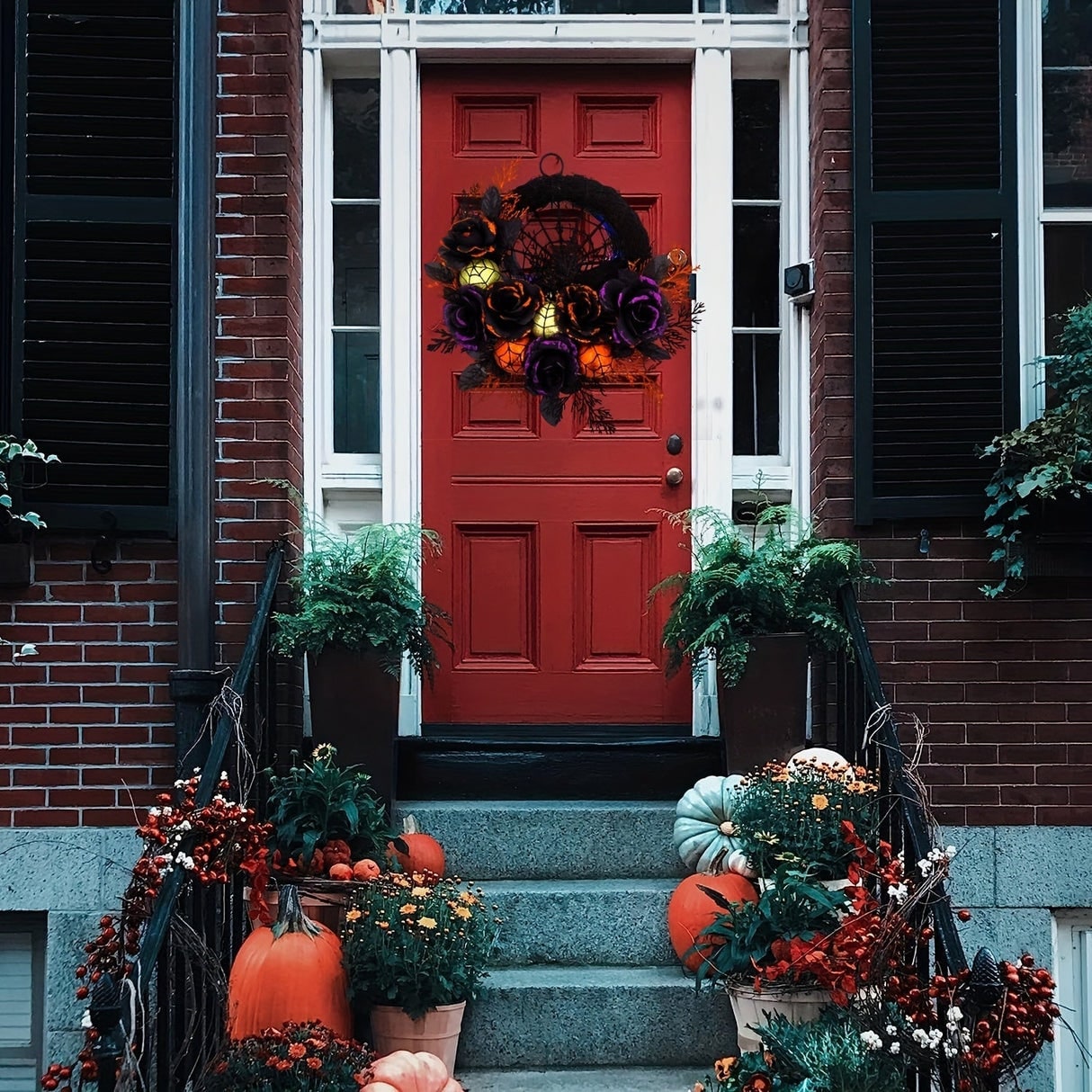 Halloween Wreath Door Decoration with Spiderweb and Black Roses Glitter Baubles - Image 4
