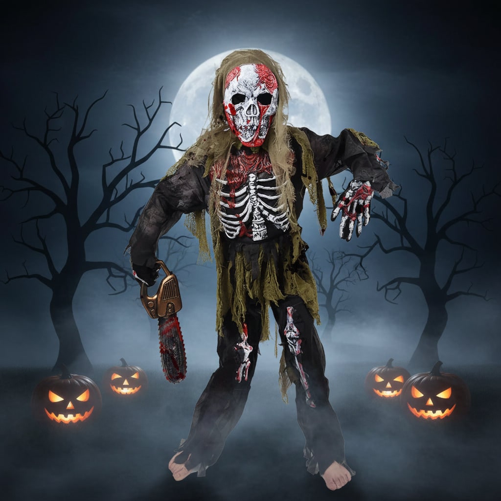 Halloween Zombie Costume with Skull Mask Skeleton Gloves and Tattered Gauze - Image 1